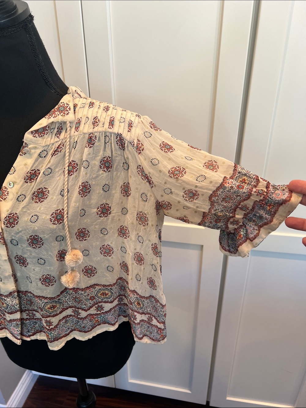 Zara Cream Boho Printed Peasant Blouse with Tassels - Picture 3 of 9